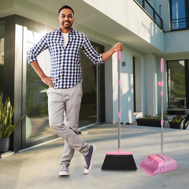 kelamayi broom and dustpan set (pink) with dustpan teeth, a must-have for household use, upright broom + dustpan for indoor and outdoor cleaning