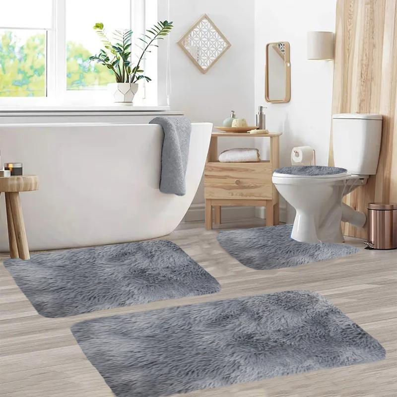 4PC Bathroom Rug Set U-Shaped Contour Rug, Mat Toilet Lid Cover,Water Absorbent Soft Microfiber Shaggy Bathroom Mat,for Tub, Shower, Bath Room,Machine Washable absorbent bath indoor mat non-slip Rectangle Diatomite bath  mats fluffy bath towel area rug