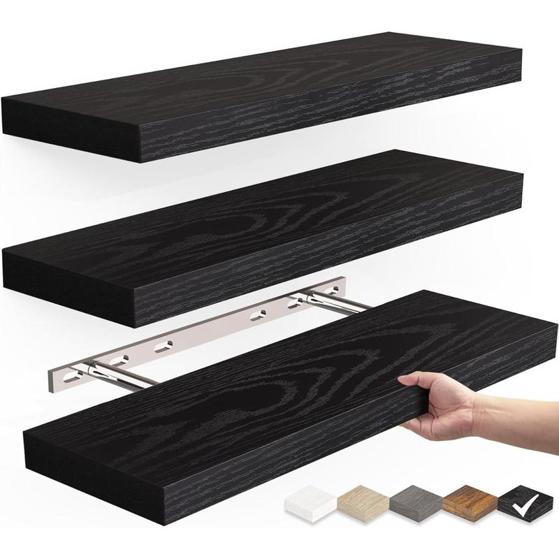 Floating Shelves for Wall, Wall Mounted Rustic Wood Shelves for Bathroom, Bedroom, Living Room, Kitchen, Hanging Shelf for Books Storage Room Decor with 22lbs Capacity (Black, Set of 3, 16in)