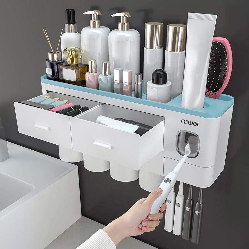 Wall Mounted Toothbrush Holder, 1 Count Large Capacity Toothbrush Storage Rack with Toothpaste Dispenser, Home Organizer for Bathroom Accessories