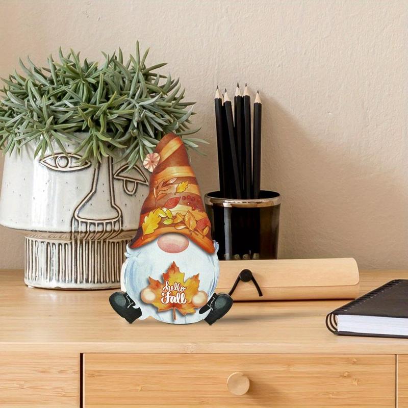 Gnome Shaped Wooden Table Decor, 1 Count Interchangeable Wooden Desktop Decoration with 12 Sets Changeable Velcro Icons, Home Decor for Farmhouse Porch Office