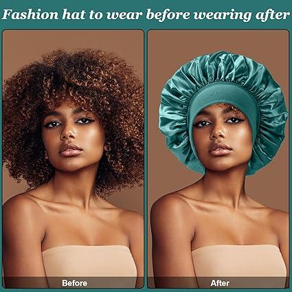 4PCS Silk Bonnet for Sleeping – Satin Hair Wrap Caps with Elastic Wide Band for Curly Hair, Shower Cap for Men and Women (Black, Peacock Blue, Pink, Khaki)