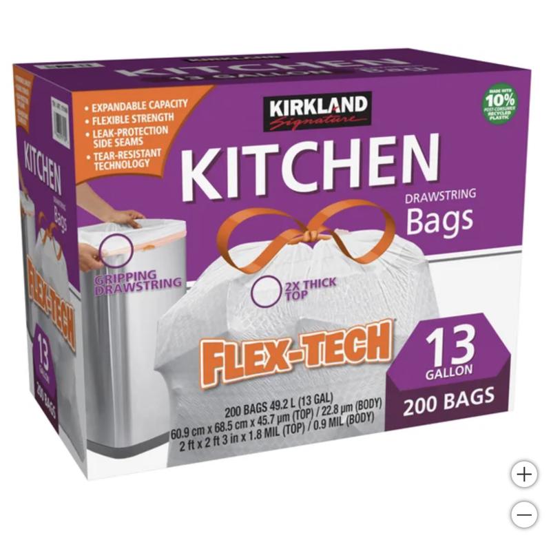 Kirkland Signature Flex-Tech 13-Gallon Kitchen Trash Bag, 200-count, New.