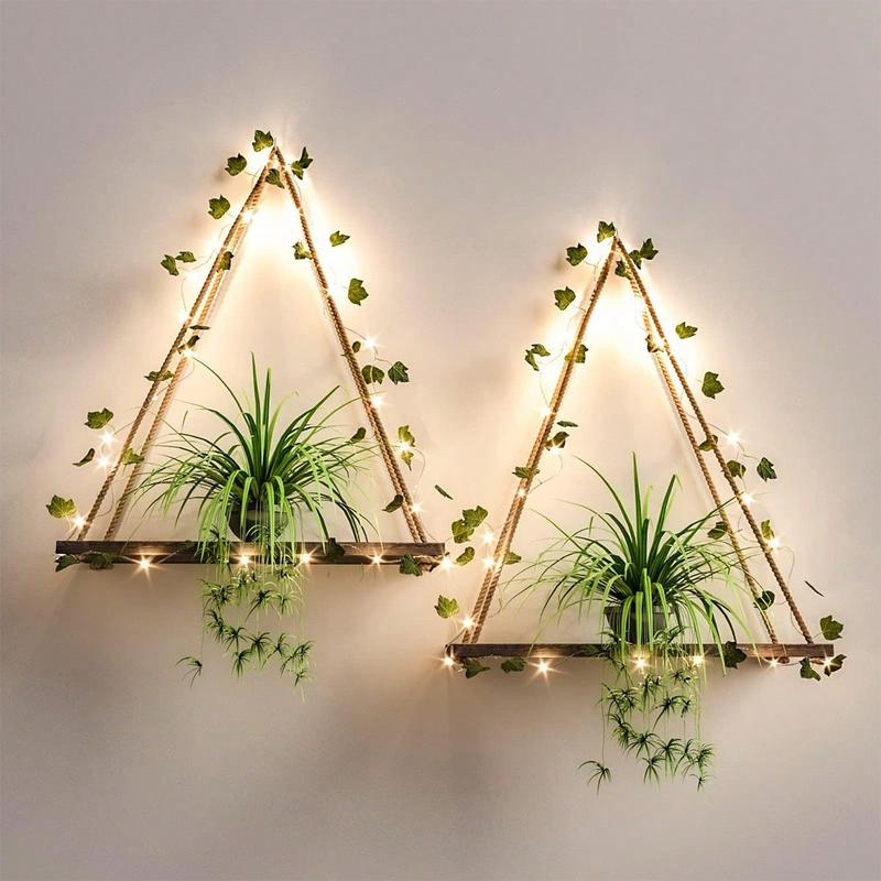 1pc Artificial Ivy LED-Strip Wall Hanging Shelves , Room Decor Aesthetic, Macrame Wood Shelf For Bedroom Bathroom Living Room, Multicolor Wooden