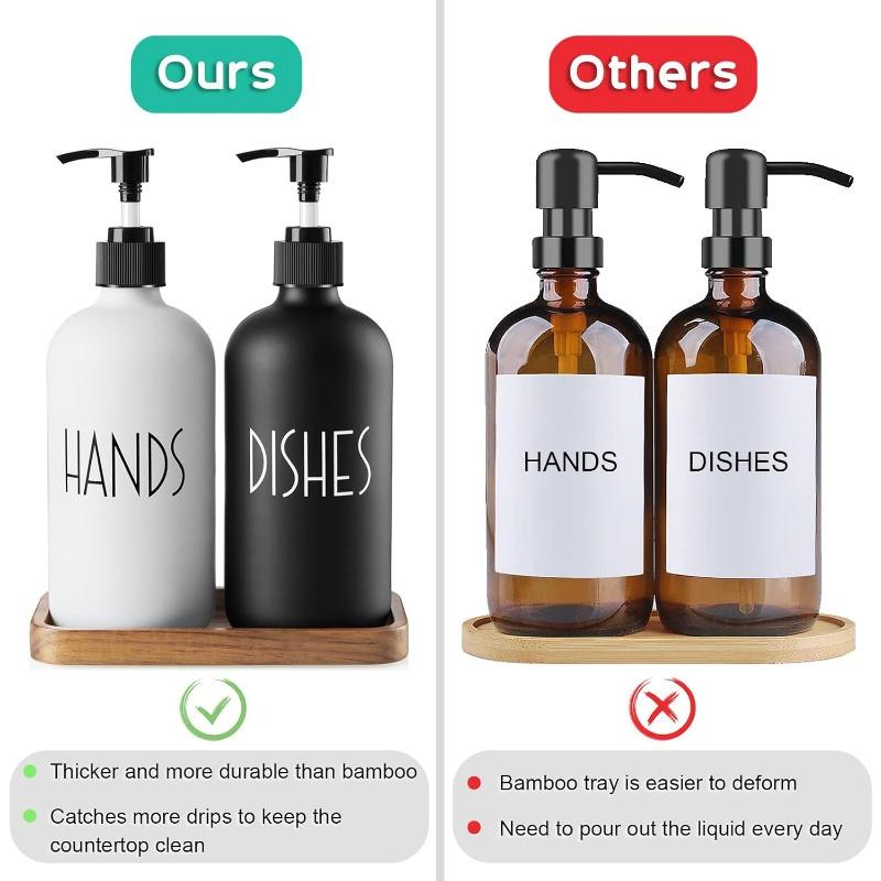 Glass Dish Soap Dispenser for Kitchen - 16 OZ Hand Soap Dispenser Set with Pump and Acacia Wood Tray - Black White Modern Farmhouse Kitchen Bathroom Decor and Accessories