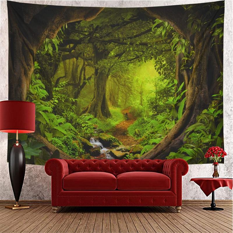 Forest Tapestry Nature Tree Cave Tapestry Wall Hanging Misty Forest Tapestry Stream Through Rainforest Tapestry Landscape Wall Tapestry Jungle Creek Psychedelic Tapestry for Living Room Decor