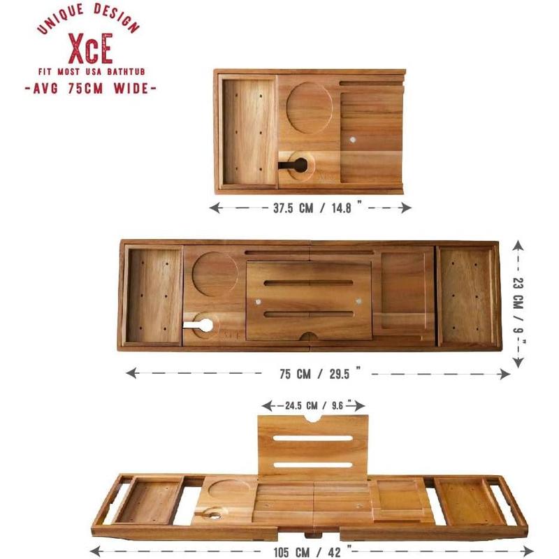 XcE Foldable Bathtub Tray Expandable to 105cm for Luxury Bath, Bath Tray for Bathtub (Acacia Wood)