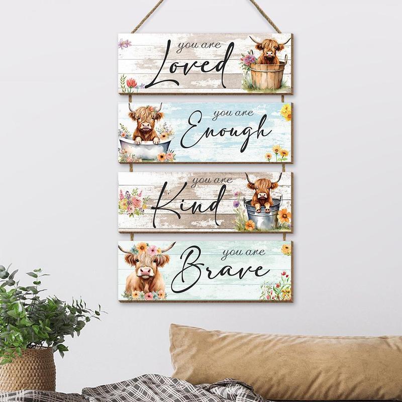 Highland Cow & Flower & Letter Pattern Wooden Sign, 4 Counts set Farmhouse Themed Wall Hanging Ornament, Wall Decor for Home Living Room Bedroom Kitchen