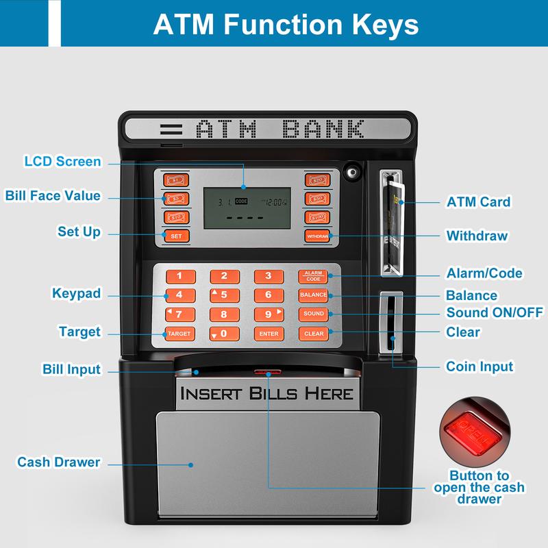 ATM Piggy Bank for Kids for Real Money Safe with Debit Card, Coin Recognition,Bill Feeder,Balance Calculator, Digital Electronic Kids Piggy Bank Boalord for Boys Girls Decor Ornaments