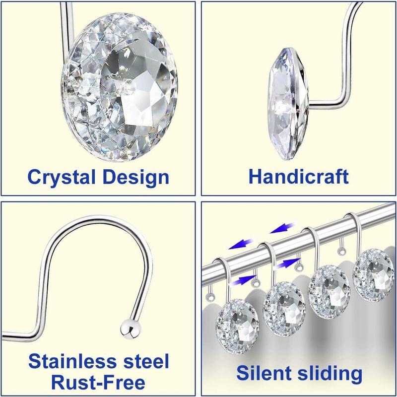 Stainless Steel Rhinestone Shower Curtain Hook, 12pcs Rust Resistant Shower Curtain Hook, Bathroom Decor, Bathroom Accessories, Hanging Accessories