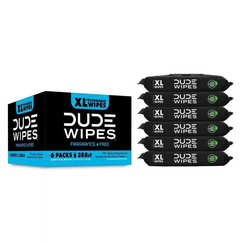 DUDE Wipes Unscented XL Flushable Wipes, 6 Flip-Top Packs Case, 48 Wipes per Pack, 288 Total Wipes Toilet Aloe Vera