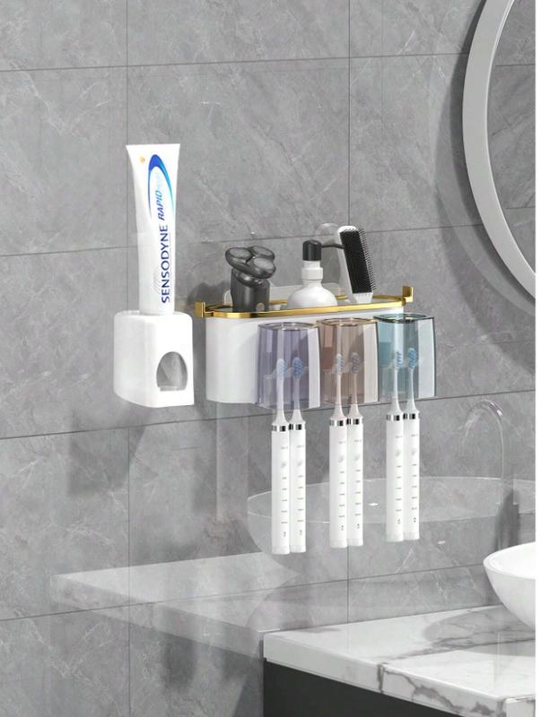 1 Set Toothbrush Holder With 2 Or 3 Or 4 Cups And Toothpaste Squeezer, Creative Bathroom Wall-Mounted Organizer For Brushing Teeth And Storage.The Color Of The Cup (Gray, Blue, Purple, Pink, Yellow) Is Random