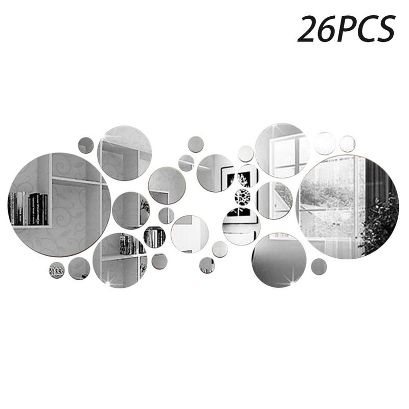 26 countss Acrylic Mirror Wall Sticker Round Mirror Decal Self-Adhesive Wall Sticker Decal DIY Removable Mural Decoration for Home Living Room Bedroom Bathroom Windows Doors Office (Silver)