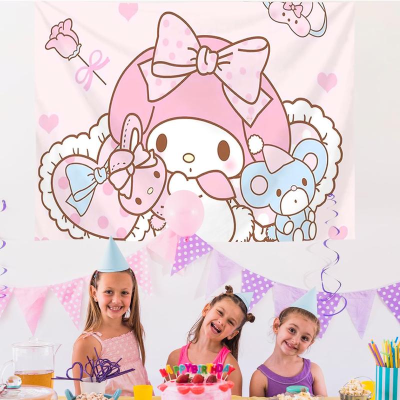 Onegai My Melody Cute Cartoon Tapestry Birthday Party Supplies Background, Party Decoration Living Room Bedroom tapestry Photography Background  Wall Daughter Gift