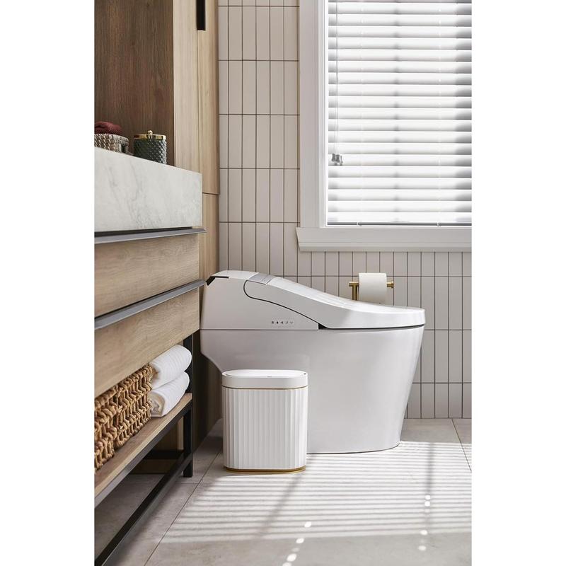 ELPHECO Automatic Motion Sensor Trash Can - 2 Gallon Slimline for Bathroom, Bedroom, Kitchen, Office - White with Gold Trim