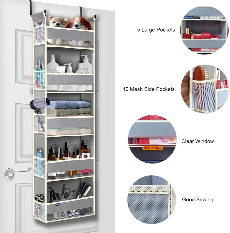 Over The Door Hanging Organizer 5-Shelves and 10 Side Pockets, Over The Door Storage for Bathroom and Bedroom, Back of Door Organizers for Baby Accessories and Toys (13