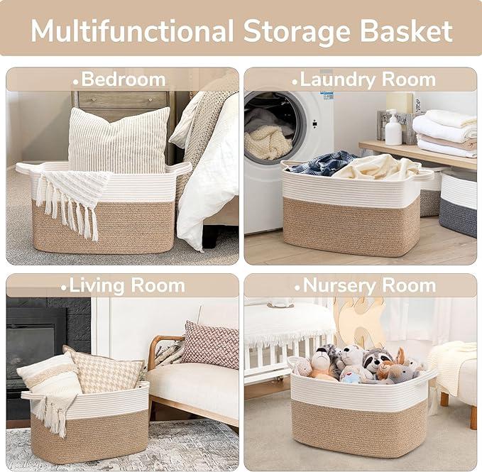 Goodpick Large Rectangle Cotton Rope Woven Basket for Laundry, Living Room, Bedroom, 21.6