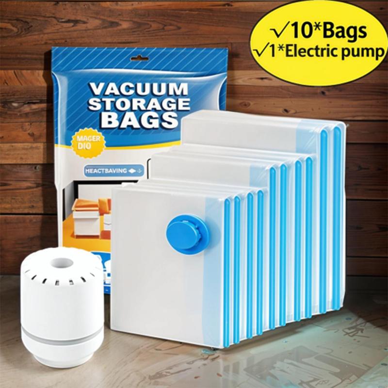 Summer Vacuum Storage Bag with Electric Pump, 10pcs Multi Size Vacuum Clothes Storage Bag & 1 Count Pump With without 3 Counts Clothes Storage Bag, Reusable Waterproof Space Saving Storage  Organizer Bag