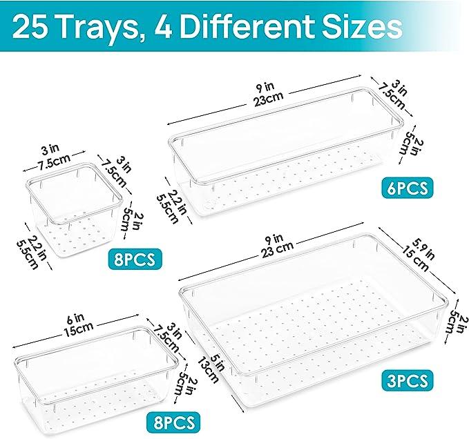 Drawer Organizer Storage Trays for Makeup, Kitchen, Bedroom, Office, Desk, Versatile Plastic Clear Drawer Organizer.