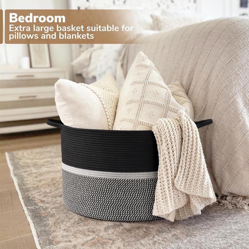 CHICVITA Extra Large Laundry Basket, Woven Rope Blanket Basket For Towels, Clothes, Toy Storage Basket, Pillow Basket For Living Room, Family Room, 22 x 22 x 14 inches, Black