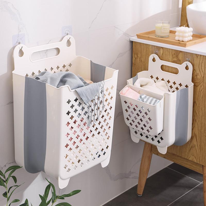 Foldable Wall Mounted Laundry Basket, 1 Count Large Capacity Plastic Clothes Toy Storage Basket with Handle, Household Storage Organizer for Home Bathroom