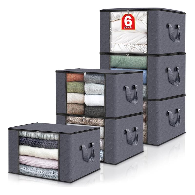 6 Pack Clothes Storage, Foldable Large Storage Bags, Storage Containers for Clothing, Blanket, Comforter, Toys, Pillows, Clothes Organizers with lids