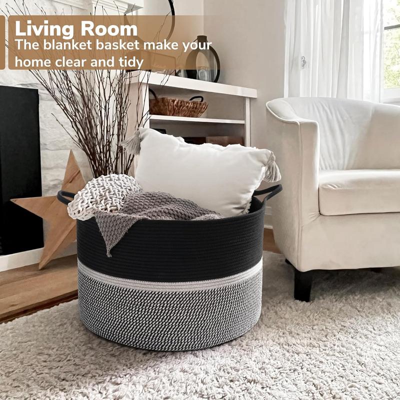 CHICVITA Extra Large Laundry Basket, Woven Rope Blanket Basket For Towels, Clothes, Toy Storage Basket, Pillow Basket For Living Room, Family Room, 22 x 22 x 14 inches, Black