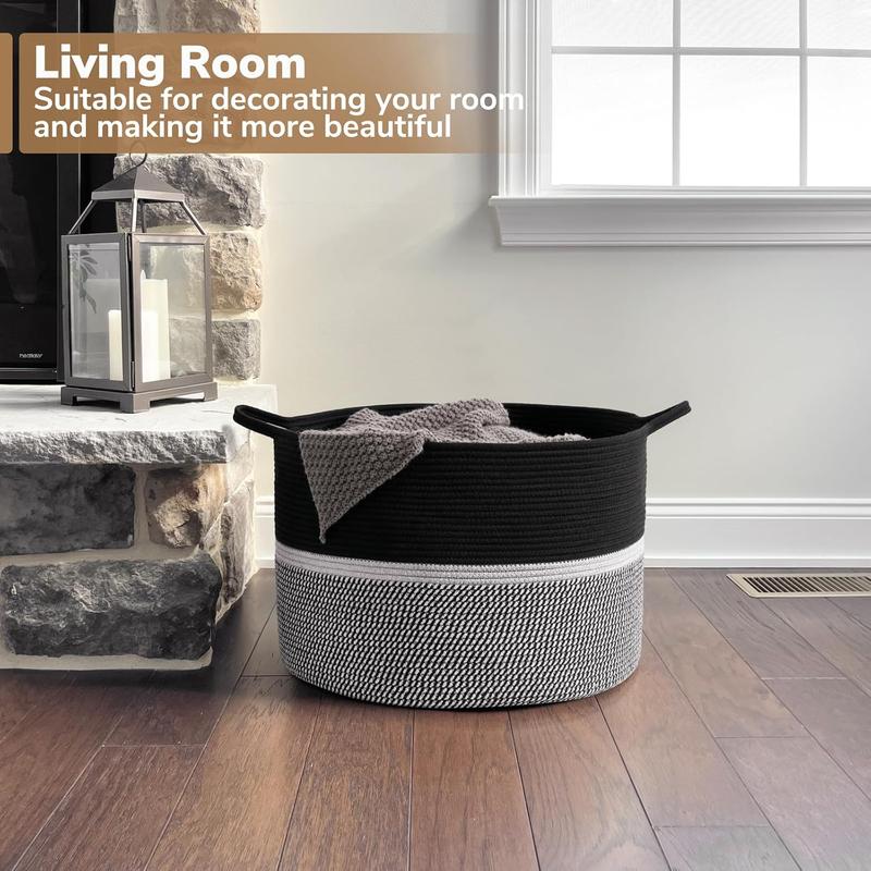 CHICVITA Extra Large Laundry Basket, Woven Rope Blanket Basket For Towels, Clothes, Toy Storage Basket, Pillow Basket For Living Room, Family Room, 22 x 22 x 14 inches, Black