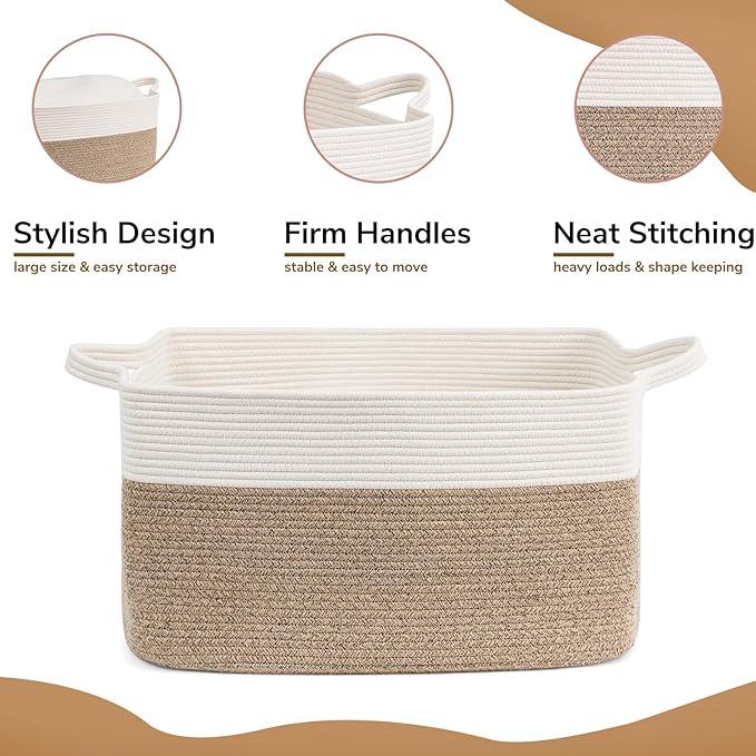 Goodpick Large Rectangle Cotton Rope Woven Basket for Laundry, Living Room, Bedroom, 21.6