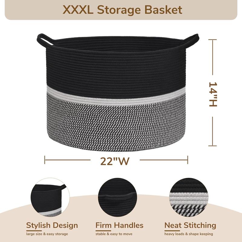 CHICVITA Extra Large Laundry Basket, Woven Rope Blanket Basket For Towels, Clothes, Toy Storage Basket, Pillow Basket For Living Room, Family Room, 22 x 22 x 14 inches, Black