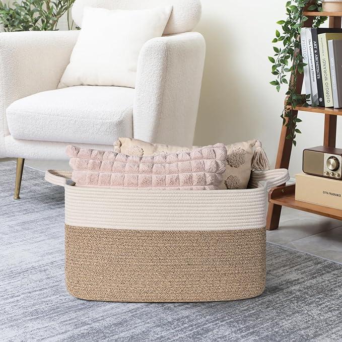 Goodpick Large Rectangle Cotton Rope Woven Basket for Laundry, Living Room, Bedroom, 21.6