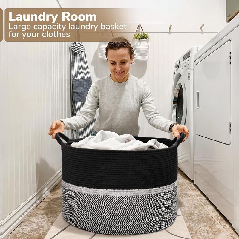 CHICVITA Extra Large Laundry Basket, Woven Rope Blanket Basket For Towels, Clothes, Toy Storage Basket, Pillow Basket For Living Room, Family Room, 22 x 22 x 14 inches, Black