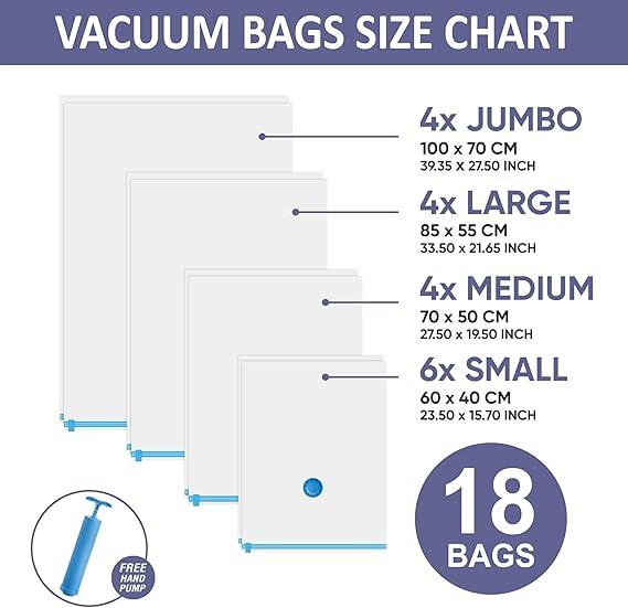 18x Combo Vacuum Storage Bags, Vacuum Sealed Storage Bags with Free Hand Pump, Vacuum Seal Bags for Clothing Pillows Towel Blanket Bedding Vacum bag