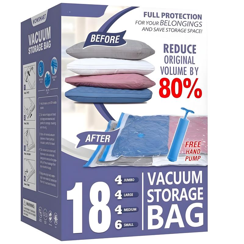 18x Combo Vacuum Storage Bags, Vacuum Sealed Storage Bags with Free Hand Pump, Vacuum Seal Bags for Clothing Pillows Towel Blanket Bedding Vacum bag