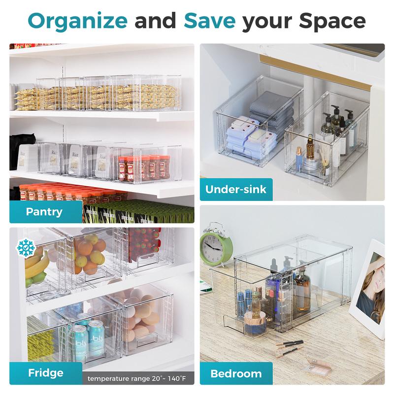 Oylik Large Stackable Storage Drawers, Clear Acrylic Organizer with Handles, BPA Free Food Storage Containers, Cabinet, Under Sink Organization Boxes pantry organization drawer organizer