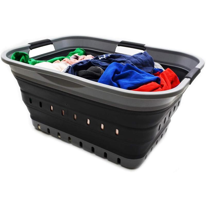 42L Collapsible Plastic Laundry Basket - Foldable Pop Up Storage Container Organizer - Space Saving Hamper Basket (1, Grey Black)