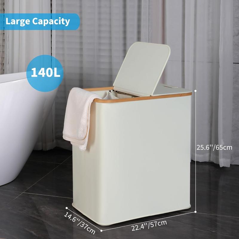 Laundry Hamper with Lid, Double Laundry Hamper with 2 Removable Bags, 2 Section Laundry Basket with  Handles for Bathroom, Bedroom & Laundry Room, 140L (36.9 Gallon) Beige