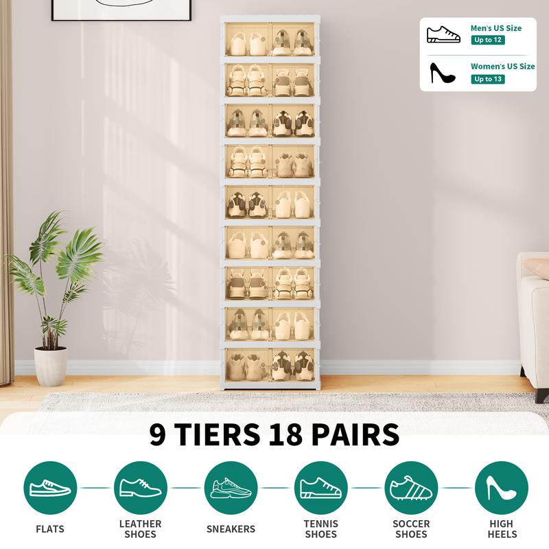 YITAHOME 9 Tiers-18 Pairs Shoe Organizer Storage Box for Closet, Foldable Shoe Rack with Magnetic Doors, Collapsible Sneaker Cabinet for Entryway, Living Room, Bedroom (White)