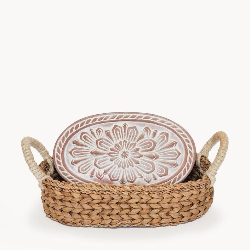 Housewarming Gift Handmade New Home Gift Unique Wedding Gift Hostess Gift Baking Bread Warmer Ceramic Warming Stone Wicker Basket [OVAL]