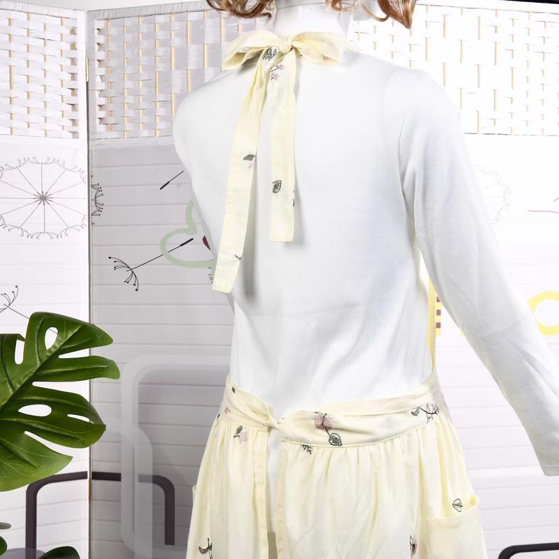 Light Yellow Embroidery Full Apron With Pockets, Cotton & Linen Apron Dress, Art Apron for Women, Necktie Apron For Mom,Gift For Wife Kitchen chef apron