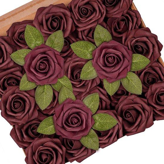 50Pcs Artificial Flowers Rose, Burgundy Fake Roses for Decorations, Real Touch Foam Rose Bulk with Stems for DIY Wedding Bouquets Bridal Shower  decor