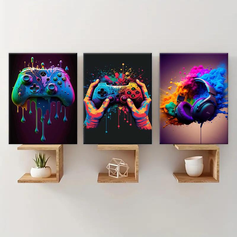 Wooden Framed Canvas Painting, 3 Counts set Game Console Graffiti Poster, Modern Art Wall Decoration, Home Decoration Poster for Living Room, Bedroom