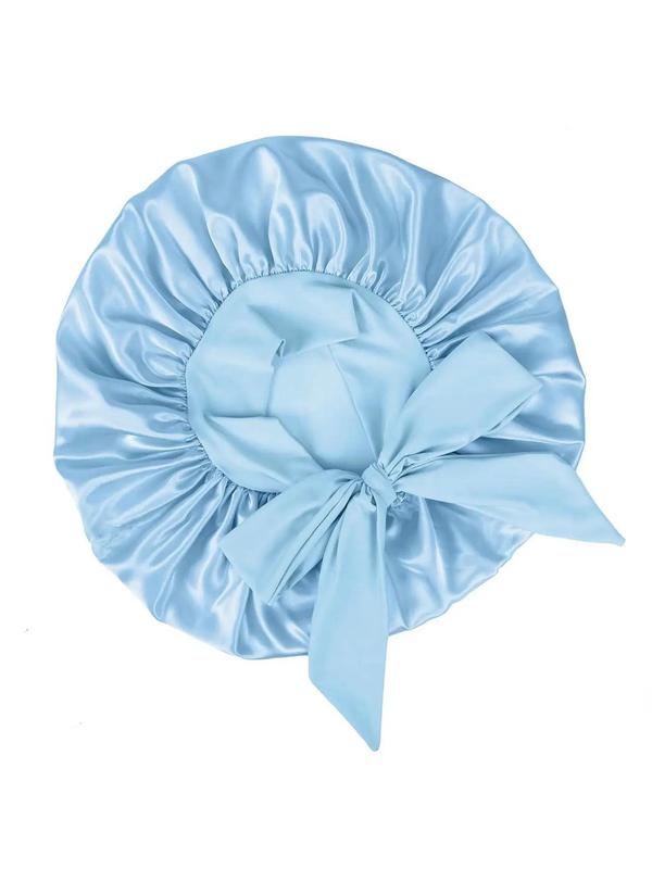 Solid Color Bow Decor Satin Hair Bonnet, Soft Elastic Sleeping Bonnet for Curly Hair, Hair Bonnet for Women & Girls