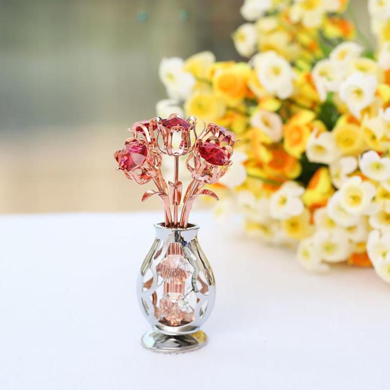 Matashi Gift for Her - Flowers Bouquet in Vase Ornament with Red Crystals, Gift Basket Ideas for Women - Rose Gold Plated Flower Gift for Mom on Mother's Day