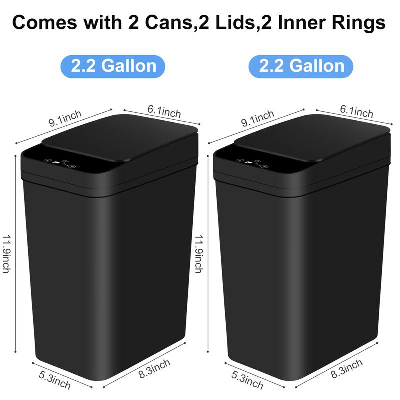 YL-2024 New Bathroom Automatic Trash Can 2 Pack 2.2 Gallon Touchless Motion Sensor Small Slim Garbage Can with Lid Smart Electric Narrow Garbage Bin for Bedroom Office Kitchen (Black)