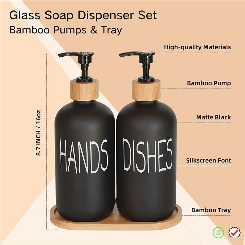 Hand Soap and Dish Soap Dispenser with Bamboo Tray Vintage Soap Dispenser with Pump  (Matte Black) Gift Glass Set Bottles Waterproof Kitchen