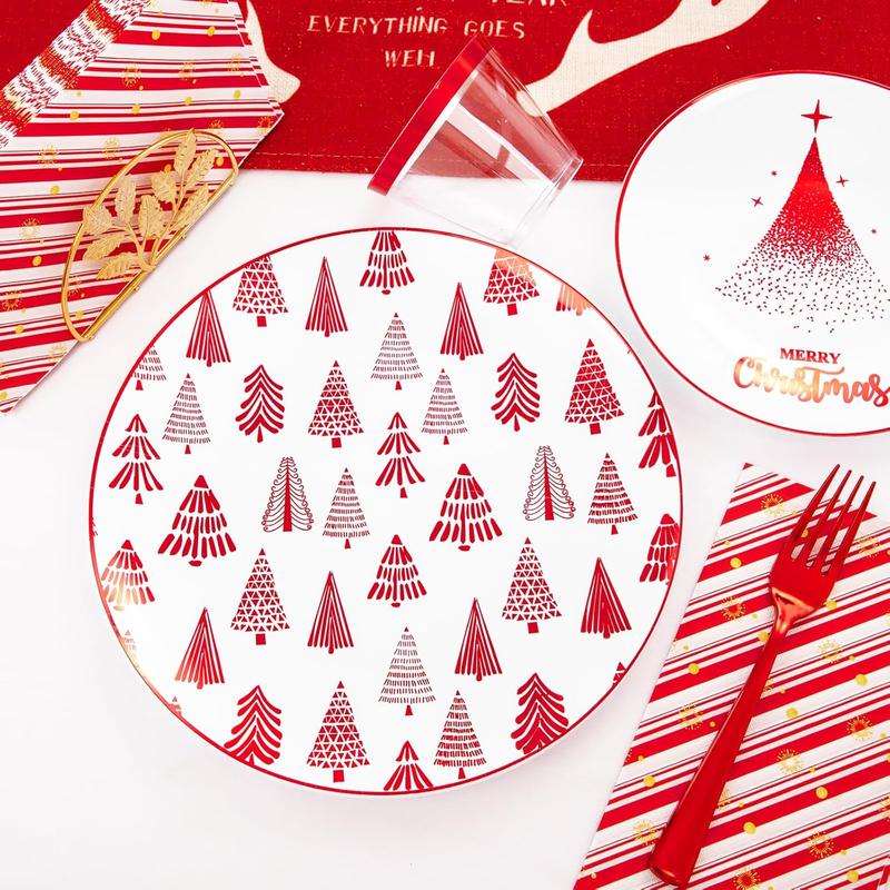 Nervure 175PCS Christmas Plastic Plates - Withe and Red Disposable Plates - Christmas Tree Plates Include 25Dinner Plates, 25Dessert Plates, 75Silverware, 25Cups, 25 Napkins for Christmas Party