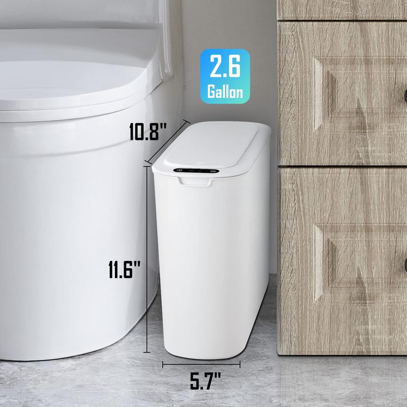 Automatic Motion Sensor Bathroom Trash Can with Lid, 2.6 Gallon Touchless Trash Can, Smart Plastic Slim Trash Can Small White Wastebasket, Hand Light