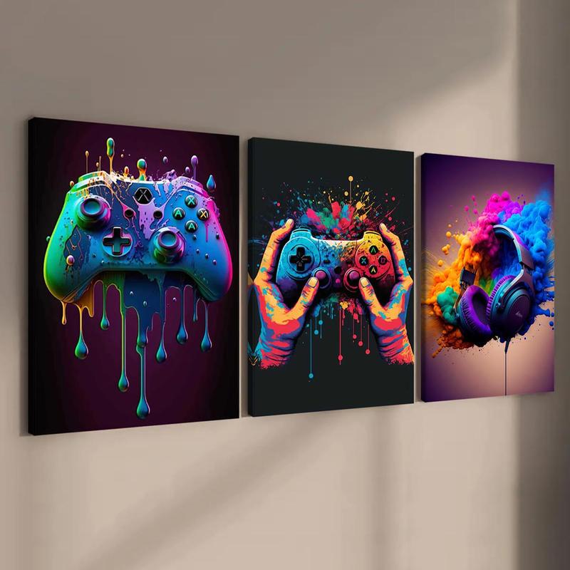 Wooden Framed Canvas Painting, 3 Counts set Game Console Graffiti Poster, Modern Art Wall Decoration, Home Decoration Poster for Living Room, Bedroom