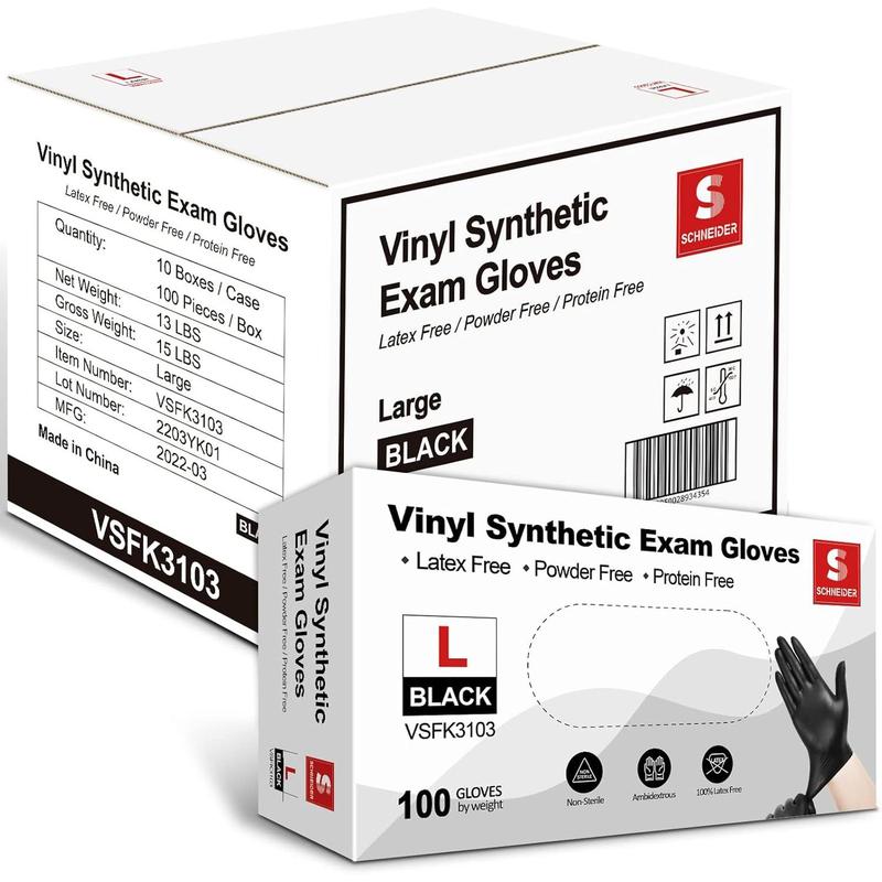 Schneider Black Vinyl Exam Gloves, 4 mil, Disposable Latex-Free Plastic Gloves for Medical, Cooking & Cleaning, 100-ct Box lubed gloves